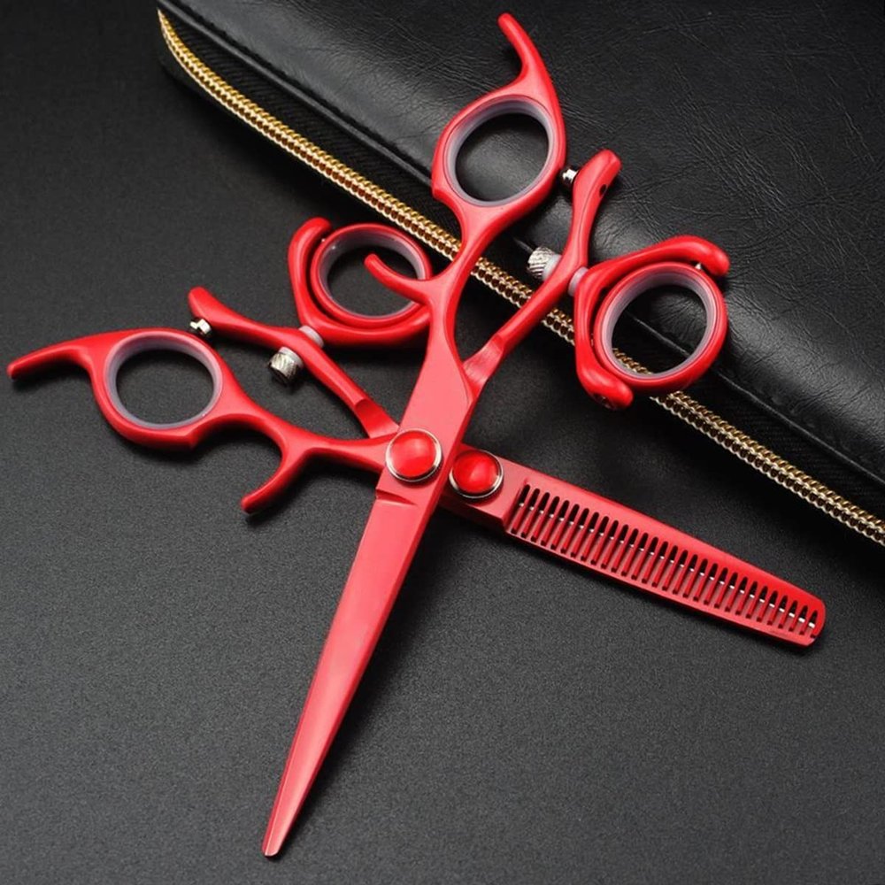 Swivel Thumb Hair Cutting Shears, 6 Inch Professional Japan 440C Red Cutting Thinning Hair Scissors Set Double Rotary Handle Flying Swivel Scissors (Color : Set)