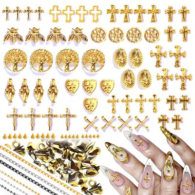 3D Cross Nail Charms,Gold Flat Back Nail Pearls Beads for Crafting,Cute Nail Charms Y2k Rhinestones Jewelry for Nail Art Flower Virgin Mary Religious Charms Gems Bulk Nail Chains (Gold, Silver, Black)