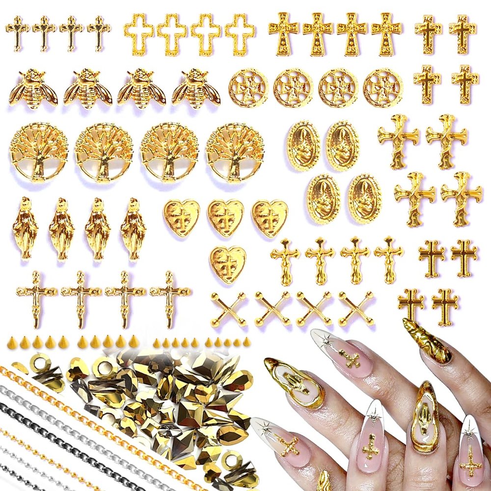 3D Cross Nail Charms,Gold Flat Back Nail Pearls Beads for Crafting,Cute Nail Charms Y2k Rhinestones Jewelry for Nail Art Flower Virgin Mary Religious Charms Gems Bulk Nail Chains (Gold, Silver, Black)