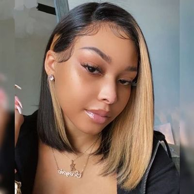 1B/27 Colored Short Bob Wig Lace Front Human Hair Wigs HD Invisible 13X6 Lace Front Wigs Pre Plucked Bleaced Knots Skunk Stripe Bob Wig Brazilian Transparent Straight Wigs 150% Density For Woman