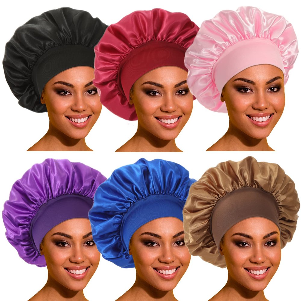 Satin Bonnet Silk Bonnet Hair Bonnet for Sleeping- 4 Pack Sleep Bonnets for Women with Wide Elastic Band for Curly Hair Braids