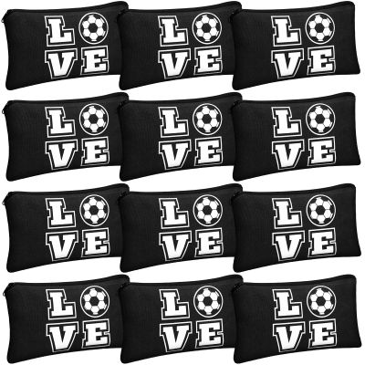 12 Pieces Soccer Makeup Bag Cosmetic Bag with Words Soccer Travel Storage Bags Portable Storage Case Toiletry Bag Accessories with Zippers for Soccer Players Teams Women Girls (Black Soccer Style)