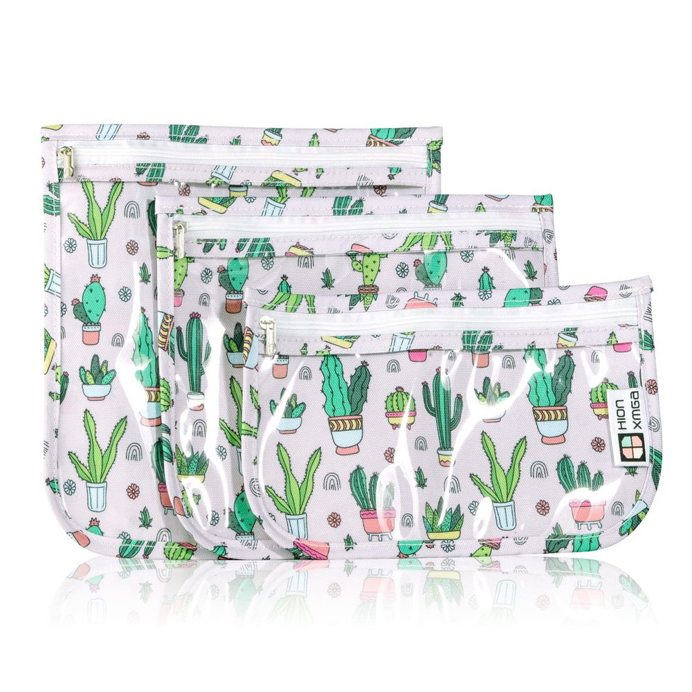 HIONXMGA TSA Approved Toiletry Bag, Set of 3 Clear Travel Toiletry Bag Quart Size Zipper Travel Pouch, Waterproof Makeup Cosmetic Bag for Women Men Kids Toiletries Carry on, Cacti A