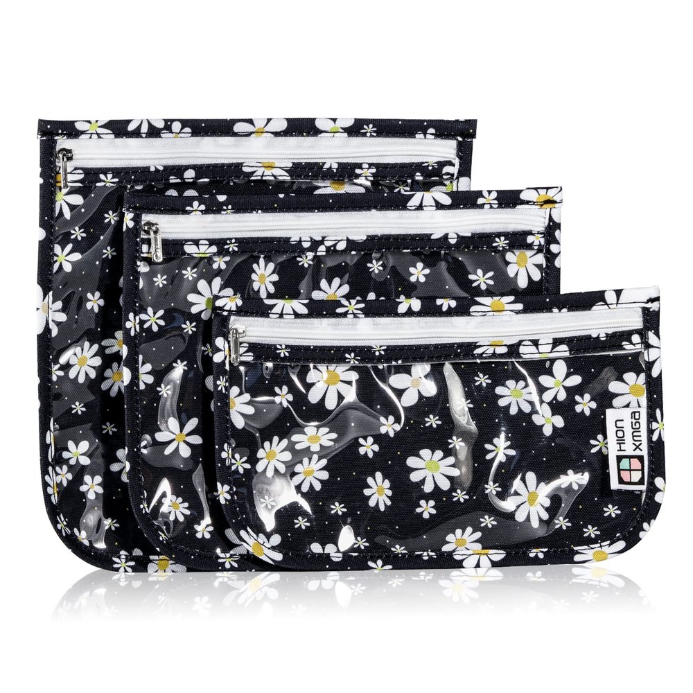 HIONXMGA TSA Approved Toiletry Bag, Set of 3 Clear Travel Toiletry Bag Quart Size Zipper Travel Pouch, Waterproof Makeup Cosmetic Bag for Women Men Kids Toiletries Carry on, Petals