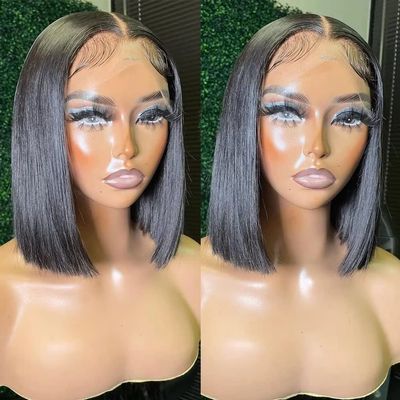 13x6 Bone Straight Bob Wig HD Transparent Lace Front Wig Pre Plucked With Baby Hair Brazilian Remy Hair For Black Women Natural Hairline Straight Short Wig 150% Density 12Inch