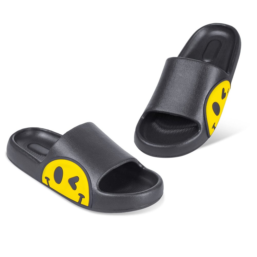 Uonesone Slides for Women,Pillow Slippers Sandals for Men,Unisex Non slip Quick Dry Shower Shoes Indoor Outdoor Open Toe Spa Bath Pool Gym House Casual Massage Smile Face Slippers(Black-37/38)