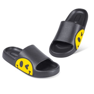 Uonesone Womens Slides,Pillow Slippers Sandals for Men,Unisex Non slip Quick Dry Shower Shoes Indoor Outdoor Open Toe Spa Bath Pool Gym House Casual Massage Smile Face Slippers(Black-42/43)