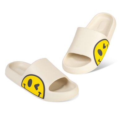 Uonesone Womens Slides,Pillow Slippers Sandals for Men,Unisex Non slip Quick Dry Shower Shoes Indoor Outdoor Open Toe Spa Bath Pool Gym House Casual Massage Smile Face Slippers(White-42/43)