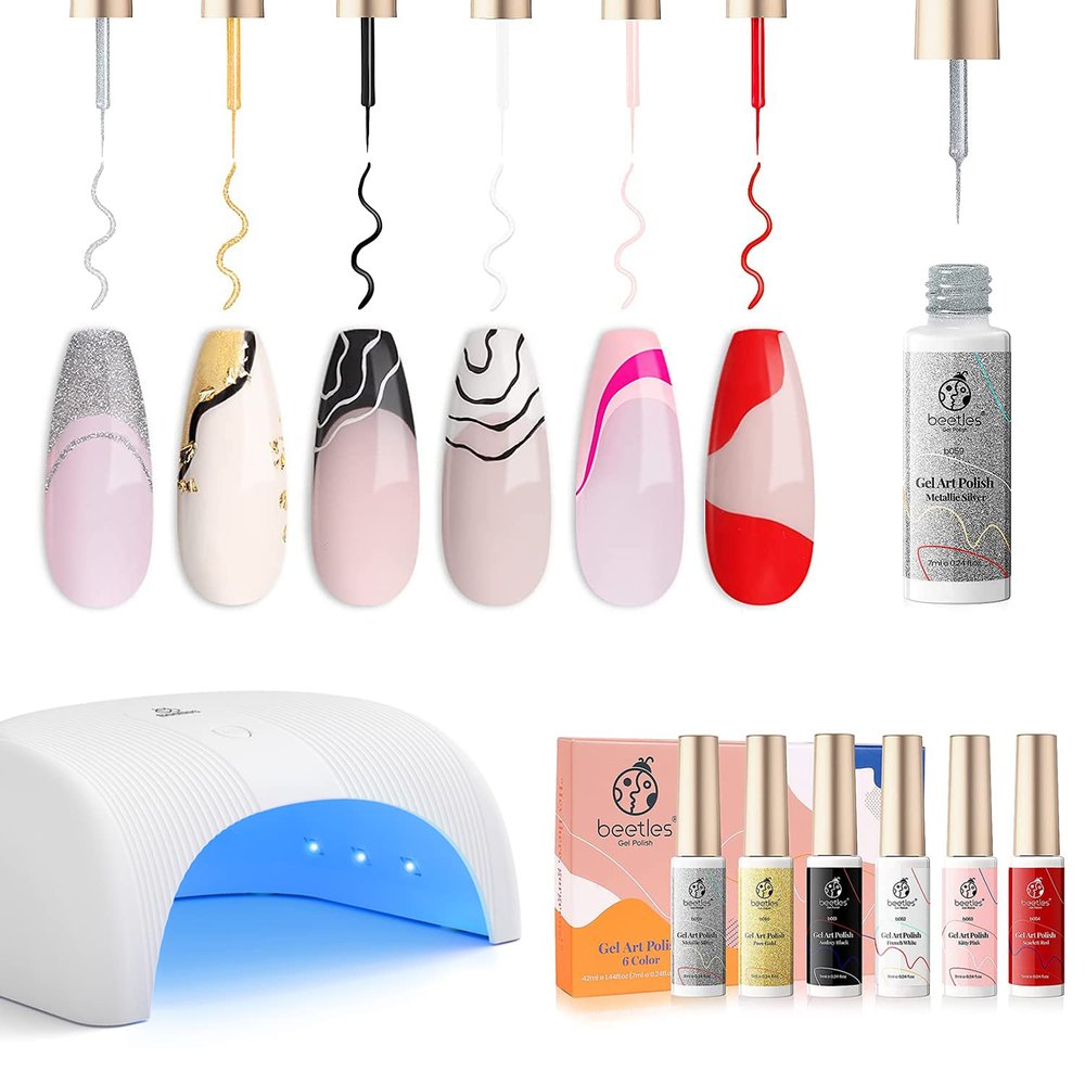 Beetles Liner Gel Polish with Curing Lamp 36W U V Nail Lamp, 6 Colors Liner Gel Polish Set with Fast Drying Compact LED Nail Dryer