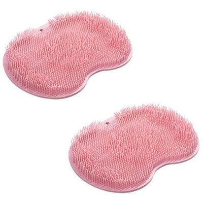 Shower Foot & Back Scrubber, Massage Pad, Silicone Hands Free Back Scrubber for Shower, Shower Back Scrubber Wall Mounted with Suction Cups, Back Washer Body Brush Foot Massager Pad (2 PCS Pink)