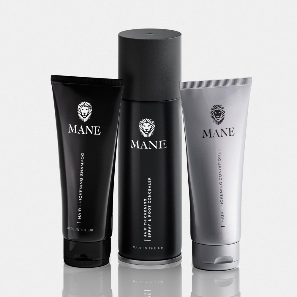 MANE Mane Hair Thickener 200 ml with Shampoo and Conditioner (Black, Unisex, Natural, Fine Hair)
