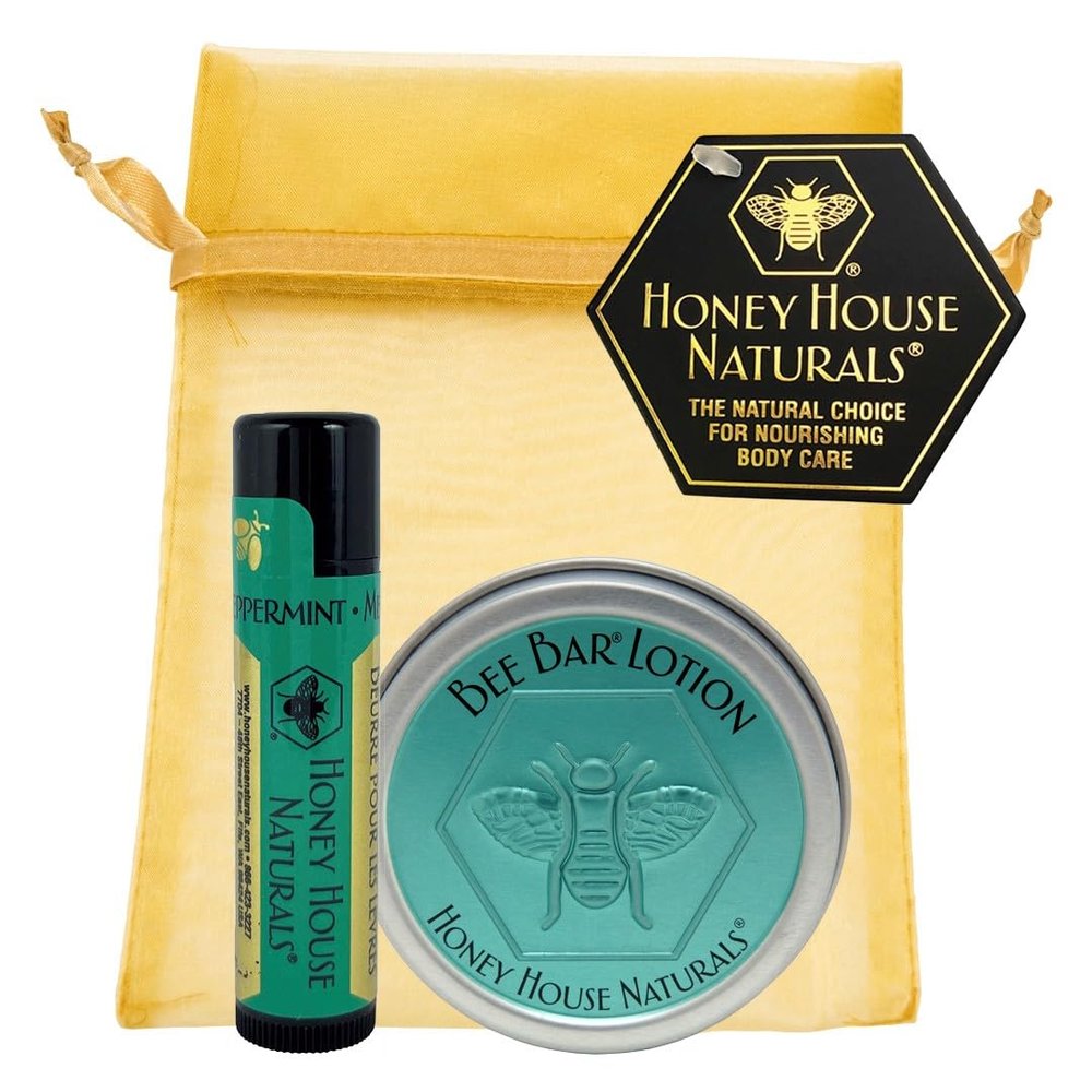 Honey House Naturals 2 Piece Gift Set, All Natural, Ultra Moisturizing Lotion Bar and Lip Butter Infused with Essential Oils, Made in USA (Lip Balm & Bee Bar, Peppermint)