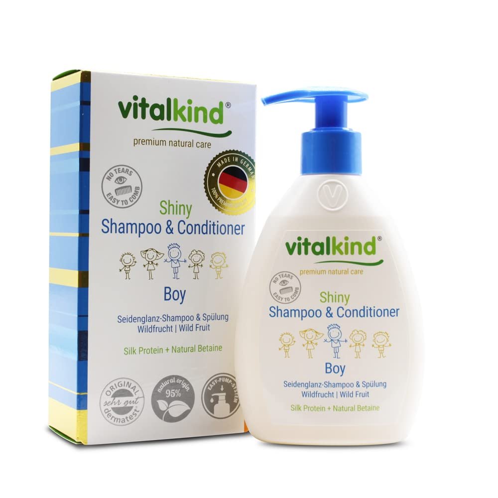 Premium natural cosmetics for boys from vitalkind. Silky shine shampoo and conditioner for easy to comb hair