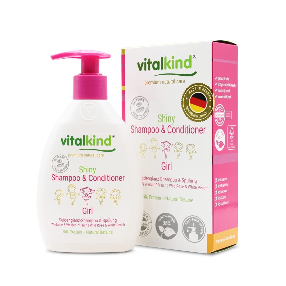 Premium natural cosmetics for girls from vitalkind. Silky shine shampoo and conditioner for easy to comb hair