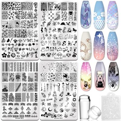 Biutee 4PCS Nail Stamping Plates Set, Includes Nail Art Stamper & Scraper - French Line Lace, Space, Animal, Flower, Leaf Designs - Large Nail Art Stencils Templates for DIY Manicure