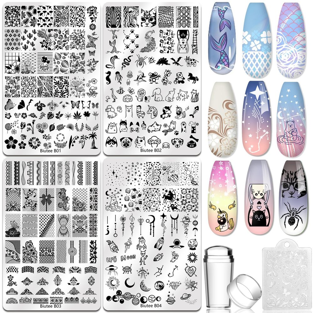 Biutee 4PCS Nail Stamping Plates Set, Includes Nail Art Stamper & Scraper - French Line Lace, Space, Animal, Flower, Leaf Designs - Large Nail Art Stencils Templates for DIY Manicure