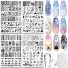 Biutee 4PCS Nail Stamping Plates Set, Includes Nail Art Stamper & Scraper - French Line Lace, Space, Animal, Flower, Leaf Designs - Large Nail Art Stencils Templates for DIY Manicure view 1