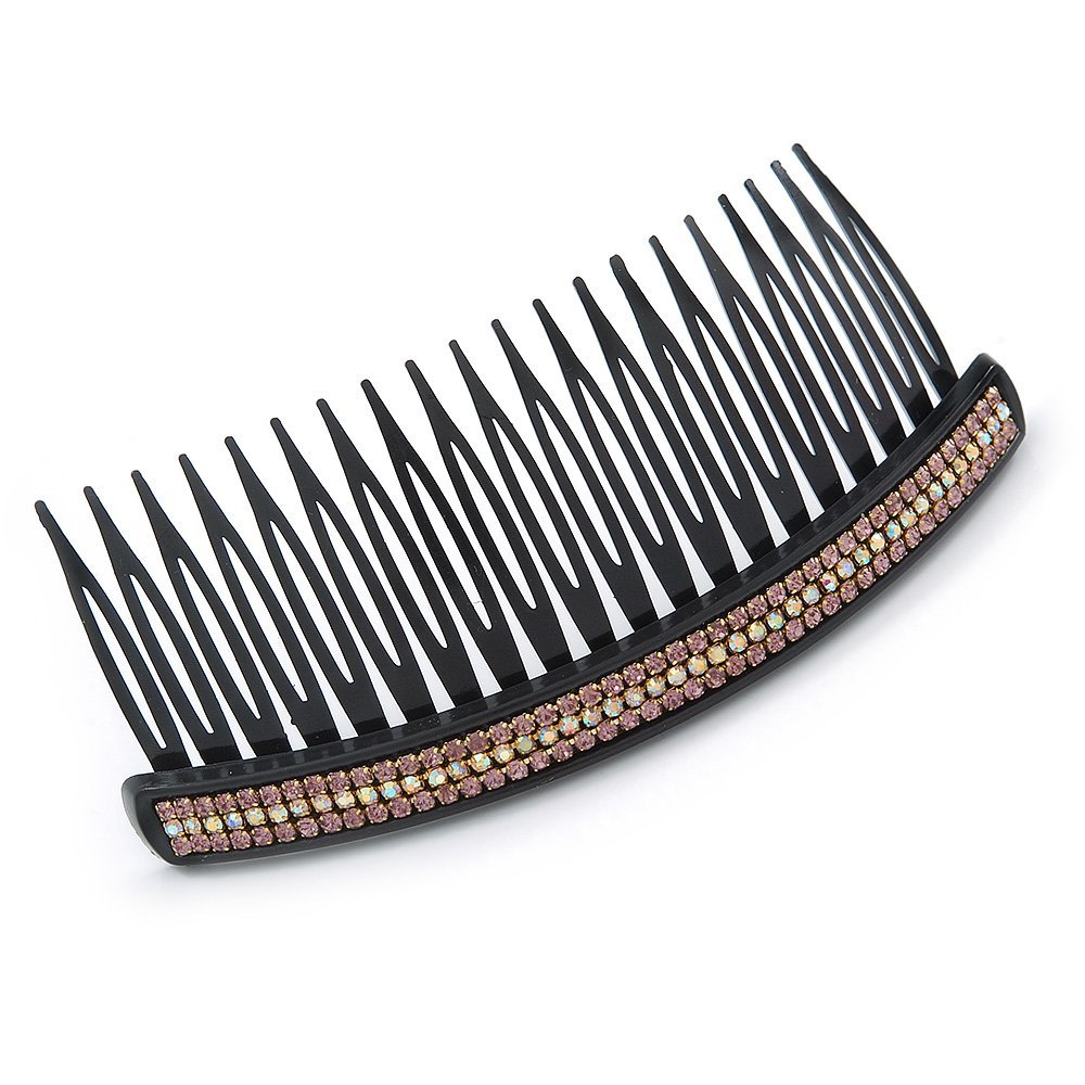Black Acrylic With Pink/AB Crystal Accent Hair Comb - 11cm