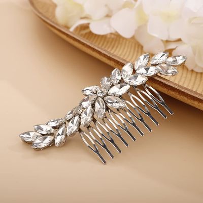BERYUAN Silver Crystal Hair Comb Slide for Brides Wedding Handmade Hair Accessories for Women Girls