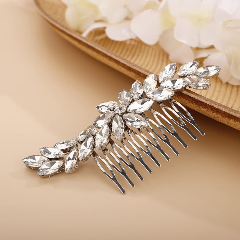 BERYUAN Silver Crystal Hair Comb Slide for Brides Wedding Handmade Hair Accessories for Women Girls