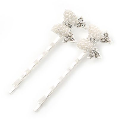 2 Bridal/Prom Simulated Pearl, Crystal 'Bow' Hair Grips/Slides In Rhodium Plating - 55mm Across