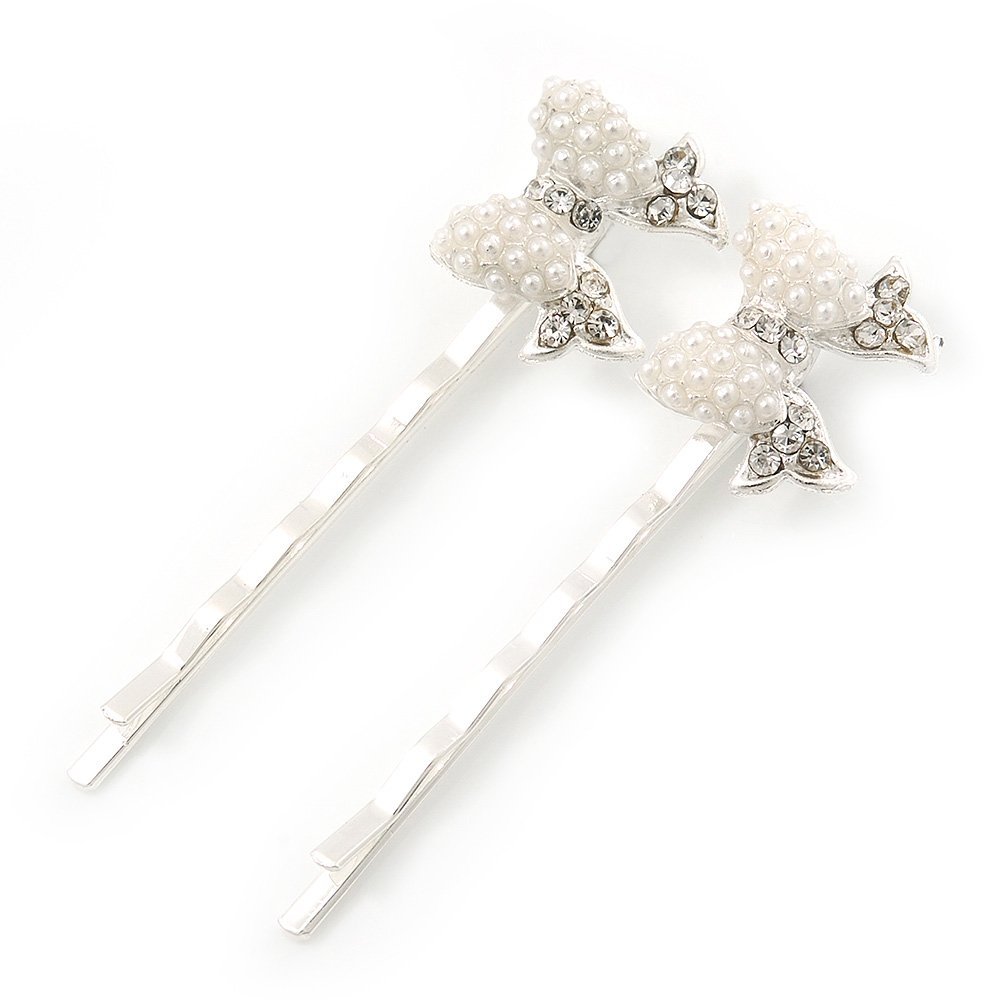 2 Bridal/Prom Simulated Pearl, Crystal 'Bow' Hair Grips/Slides In Rhodium Plating - 55mm Across