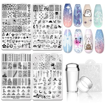 Biutee Nail Stamping Plate Nail Stamper Kit with Stamper & Scraper, Large Nail Art Stamping Plate French Line Lace Flower Leaves Animal Star Space Design DIY Nail Stamping Kit