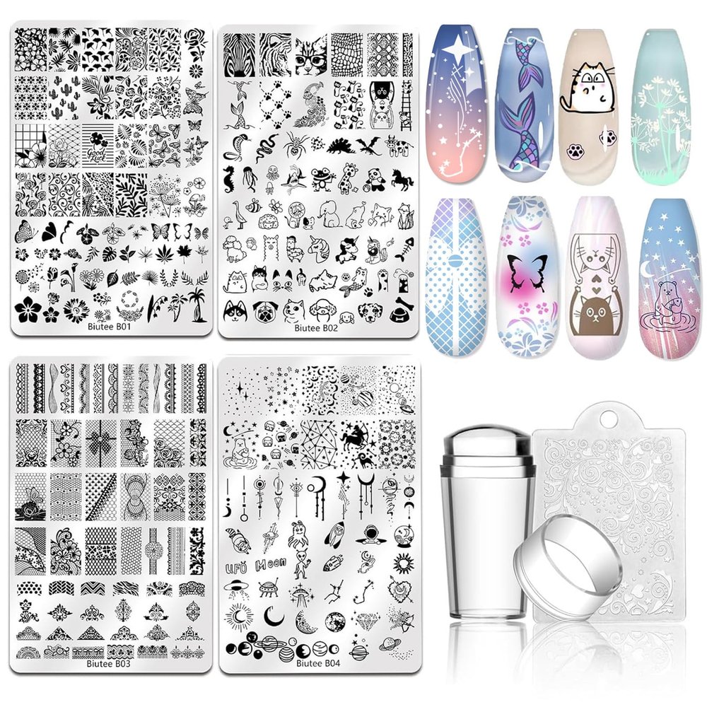 Biutee Nail Stamping Plate Nail Stamper Kit with Stamper & Scraper, Large Nail Art Stamping Plate French Line Lace Flower Leaves Animal Star Space Design DIY Nail Stamping Kit