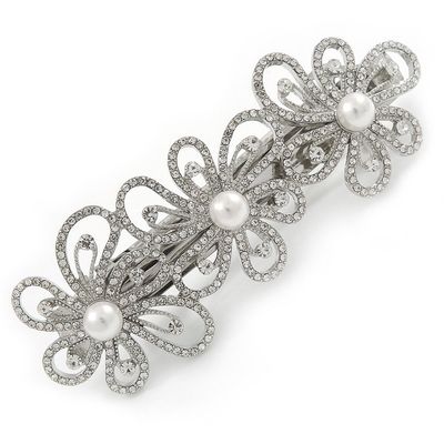Silver Tone Open Cut Clear Crystal, White Glass Pearl Flower Barrette Hair Clip Grip - 85mm Across