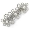 Silver Tone Open Cut Clear Crystal, White Glass Pearl Flower Barrette Hair Clip Grip - 85mm Across view 1