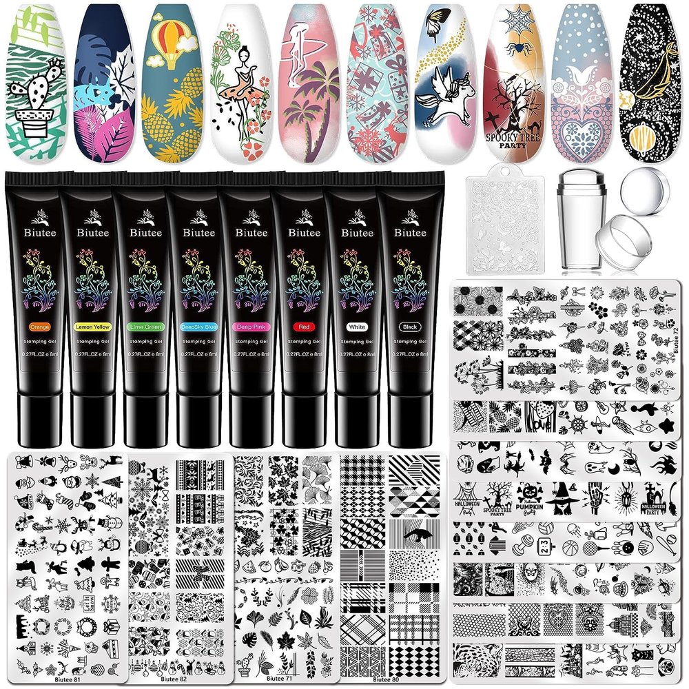 Biutee Nail Stamper Kit 22Pcs Gel Nail Stamping Kit 12Pcs Nail Stamping Plates 8Pcs Gel Stamping Polish, Silicone Stamper Scraper Flower Lace Holiday Stamp Template Christmas Gift for Women