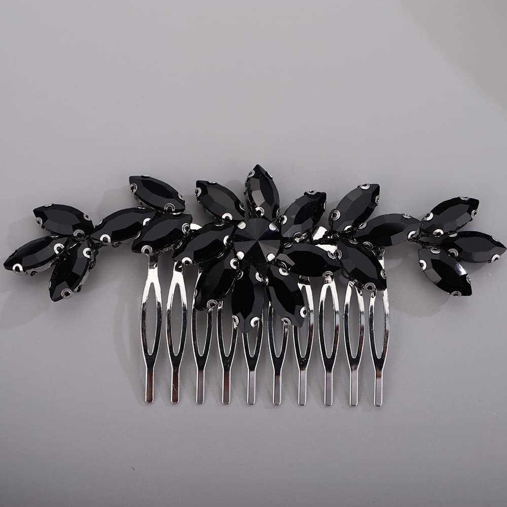 BERYUAN Black Rhinestone Hair Comb for Women Wedding Bridal Crystal Cute Flower Hairpiece Slide Multi-Color Accessory Banquet Prom (black)