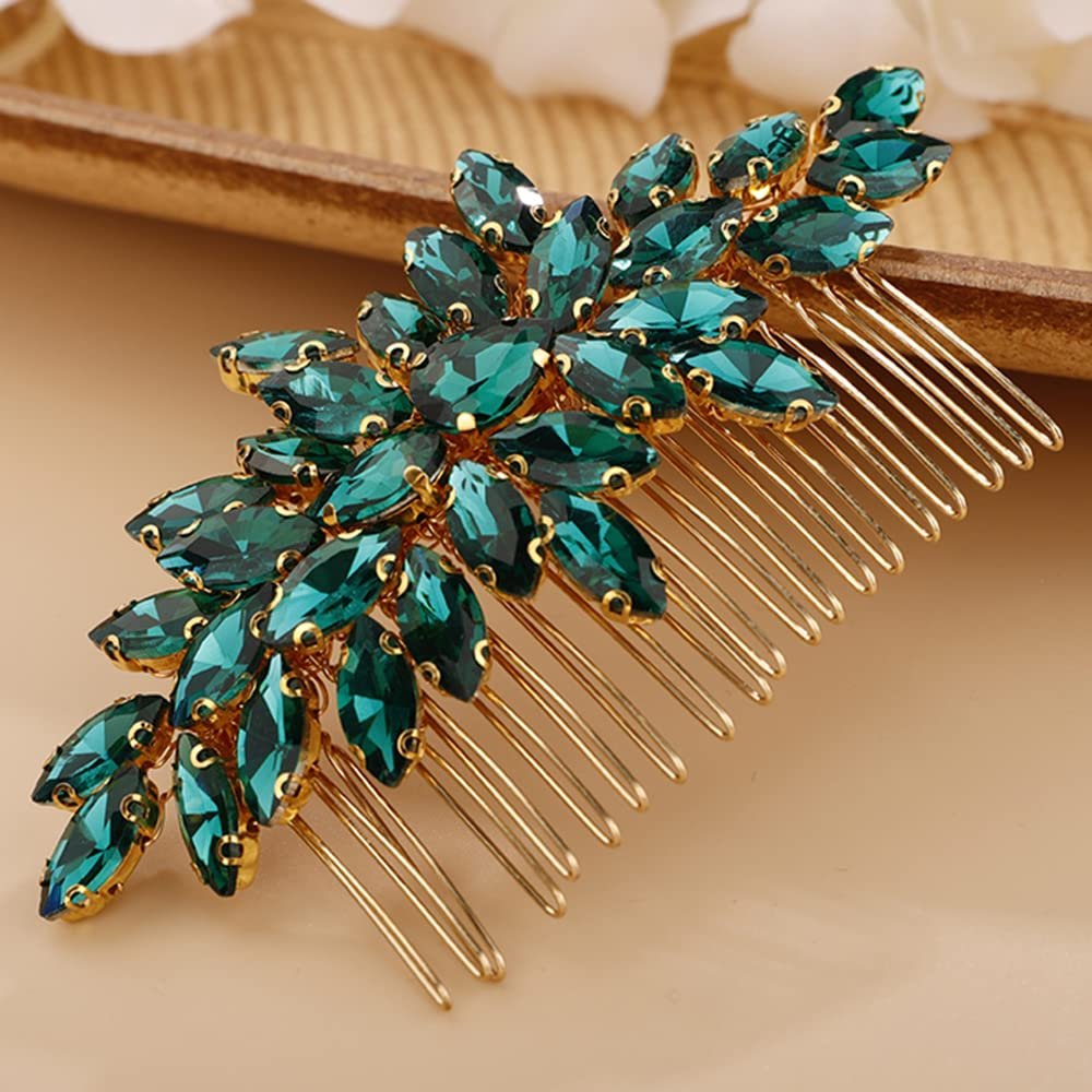 Crystals Hair Comb for Bride for Women for Girls Cute Teardrop Hair Comb Slide Multi-Color peacock blue