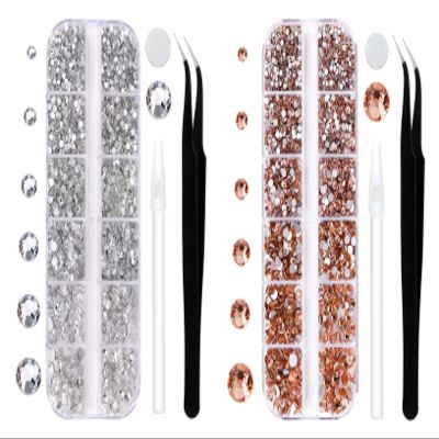 White and Champagne Flatback Rhinestones for Nail Craft,Makeup,Gemstones Rhinestones with Tweezers and Picking Pen