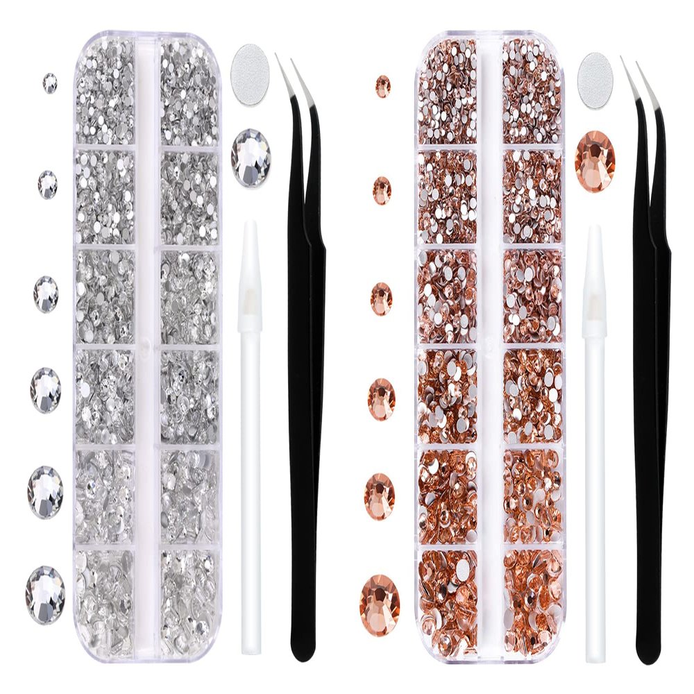 White and Champagne Flatback Rhinestones for Nail Craft,Makeup,Gemstones Rhinestones with Tweezers and Picking Pen