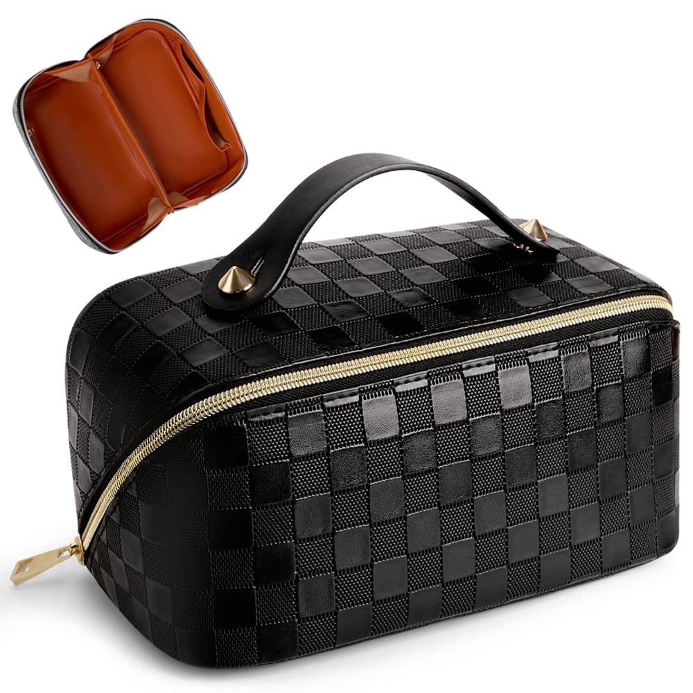 Cessfle Large Capacity Travel Cosmetic Bag Plaid Checkered Makeup Bag Portable Leather Waterproof Skincare Bag with Handle and Divider for Women 01-Black