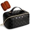 Cessfle Large Capacity Travel Cosmetic Bag Plaid Checkered Makeup Bag Portable Leather Waterproof Skincare Bag with Handle and Divider for Women 01-Black view 1