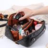 Cessfle Large Capacity Travel Cosmetic Bag Plaid Checkered Makeup Bag Portable Leather Waterproof Skincare Bag with Handle and Divider for Women 01-Black view 3