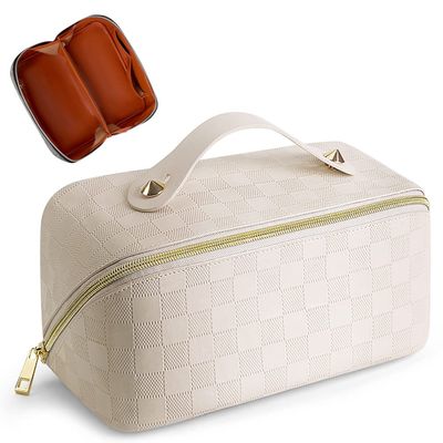 Cessfle Large Capacity Travel Cosmetic Bag, Boho Purple Makeup Bag Waterproof Leather Travel Toiletry Bag Woven Open Flat Makeup Organizer Bag