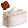 Cessfle Large Capacity Travel Cosmetic Bag, Boho Purple Makeup Bag Waterproof Leather Travel Toiletry Bag Woven Open Flat Makeup Organizer Bag view 1