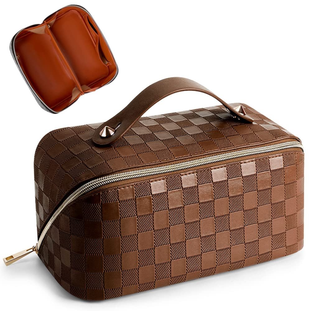 Cessfle Large Capacity Travel Cosmetic Bag Plaid Checkered Makeup Bag Portable Leather Waterproof Skincare Bag with Handle and Divider for Women 01-Brown