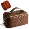 Cessfle Large Capacity Travel Cosmetic Bag Plaid Checkered Makeup Bag Portable Leather Waterproof Skincare Bag with Handle and Divider for Women 01-Brown view 1