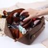 Cessfle Large Capacity Travel Cosmetic Bag Plaid Checkered Makeup Bag Portable Leather Waterproof Skincare Bag with Handle and Divider for Women 01-Brown view 2
