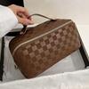 Cessfle Large Capacity Travel Cosmetic Bag Plaid Checkered Makeup Bag Portable Leather Waterproof Skincare Bag with Handle and Divider for Women 01-Brown view 3