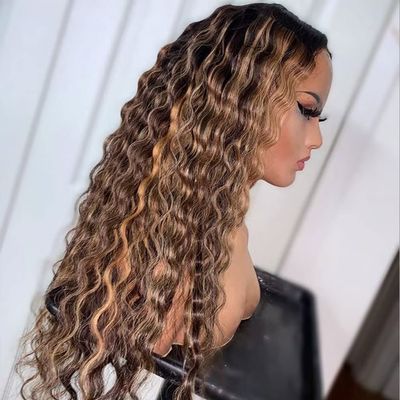 13x4 Lace Frontal Wig Curly Human Hair Wig Highlight 1B27 Colored Pre Plucked HD Transparent Lace Wig for Black Women Bleached Knots Brazilian Remy Hair With Baby Hair 150% Density 22 Inch