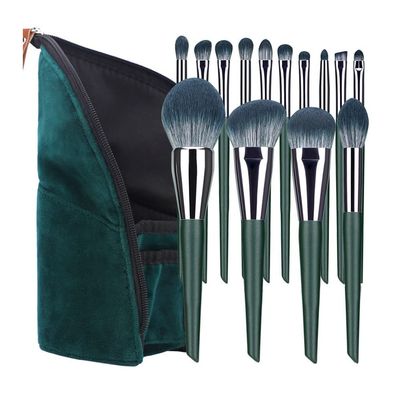 Feiyxu 14Pcs Green Synthetic Makeup Brush Set with Professional Foundation, Powder, Concealer, Eyeshadow, Blush Brushes