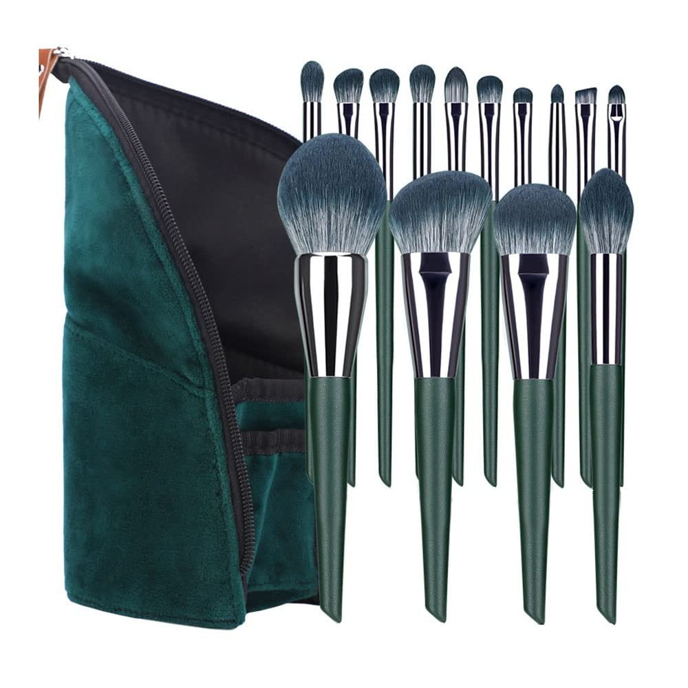 Feiyxu 14Pcs Green Synthetic Makeup Brush Set with Professional Foundation, Powder, Concealer, Eyeshadow, Blush Brushes