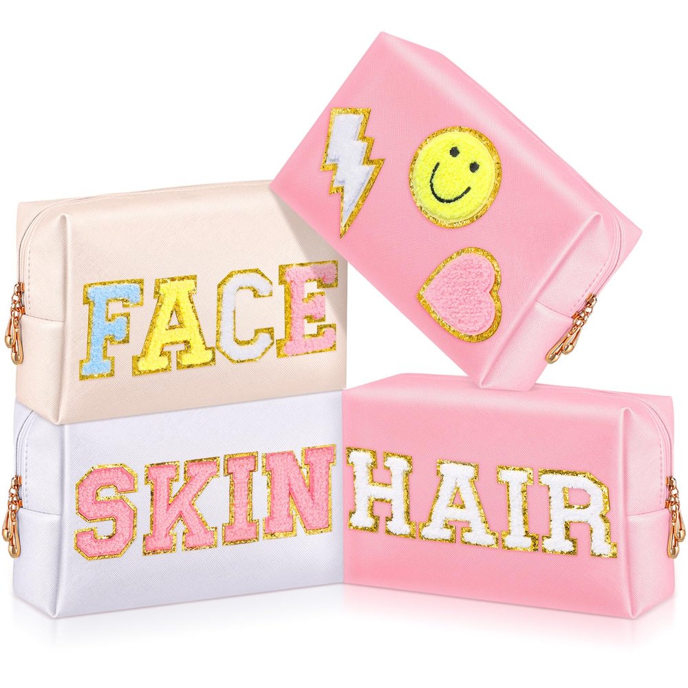 Sanwuta 4 Pcs Hair Face Skin Travel Bag Set Preppy Makeup Pouch PU Leather Skincare Bag Waterproof Cosmetic Organizer Birthday Christmas Gifts(White, Pink, Beige,Fresh Style)