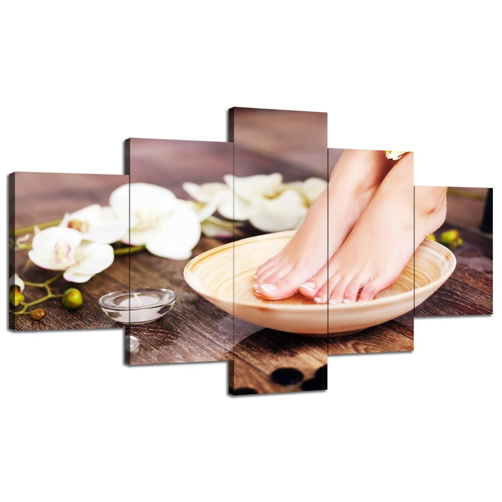 Spa Pedicure Treatment Wall Art Canvas Printed Foot Spa Beauty Salon Wall Decor Nail Foot Massage Pictures Posters Bathroom Painting Framed Decoration 5 Panels Ready to Hang(60''Wx32''H)