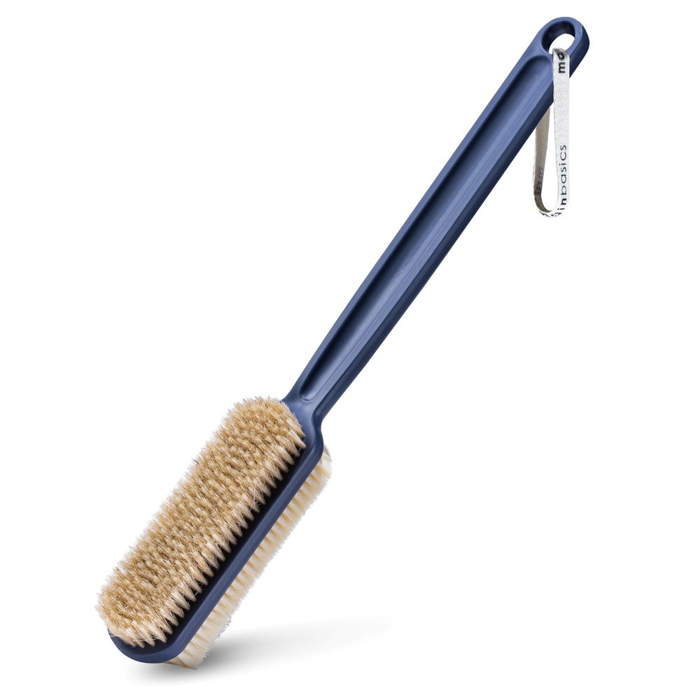 MainBasics Back Scrubber for Shower Long Handle Dual-Sided Brush for Body Wash & Scrubbing with Exfoliating & Soft Bristles (Ultramarine, Plastic)